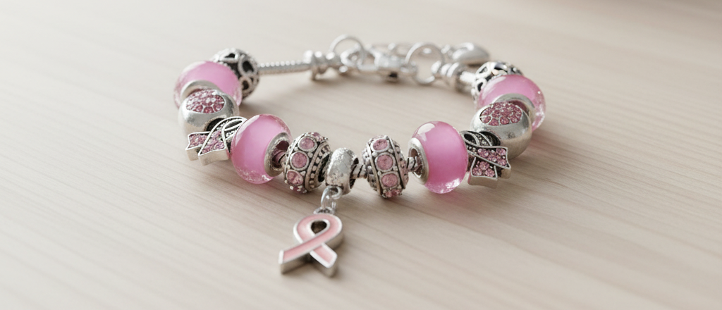 Pink Ribbon Armband mit rosa Schleife – ganzes Solidaritäts-Armband, Banner-Ansicht.