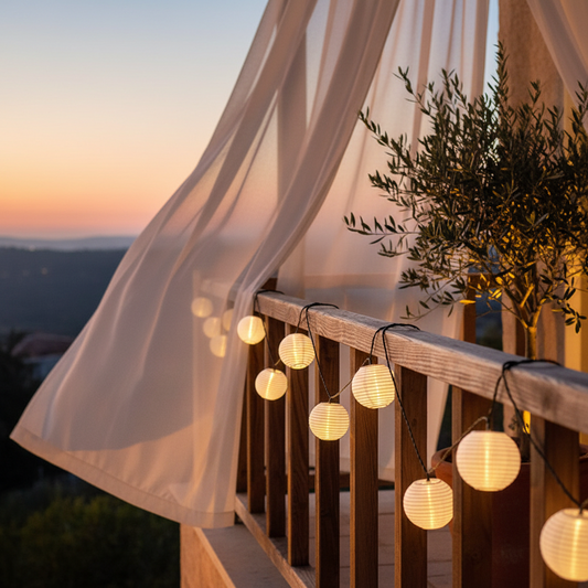 Bunte Solar-Lampions am Balkongeländer bei Sonnenuntergang – Balkonbeleuchtung auf 6m²