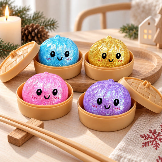 Kleine Nikolausgeschenke: vier glitzernde Dumpling-Squishys in Bambuskörbchen auf einem Holztablett
