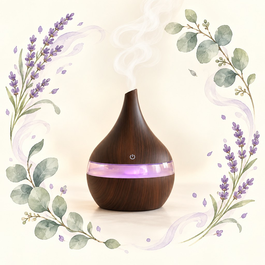 Aroma Diffuser in dunkler Holzoptik mit lila Lichtring und feinem Duftnebel, umrahmt von gemaltem Lavendel und Eukalyptus