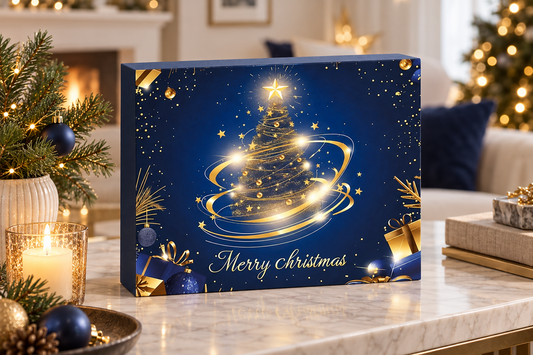 Schmuck-Adventskalender in nachtblauer Box mit goldenem Weihnachtsbaum auf Marmortisch vor Kamin und Christbaum