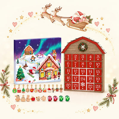 Weihnachtskalender 2026: Kalender mit Winterdorf-Motiv und rote Holzscheune mit 24 Schubladen, davor bunte Schmuck-Charms