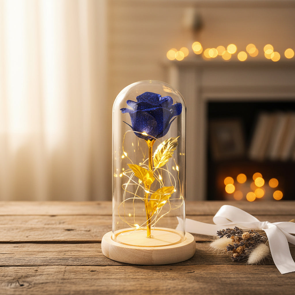 Rose unter Glasglocke mit LED – Detailaufnahme der konservierten Blüte in Goldton