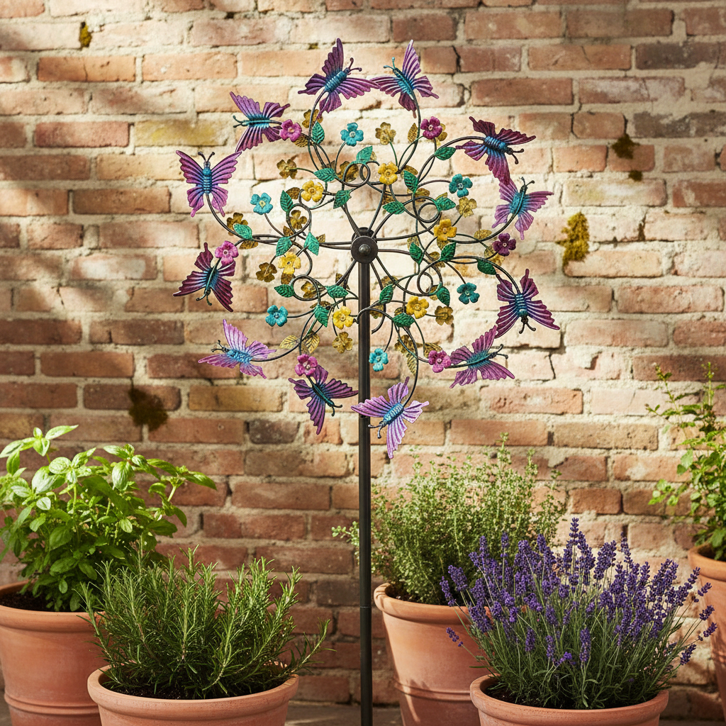 Windrad Schmetterling Gartenstecker – Dekoratives Metallwindspiel auf Terrasse