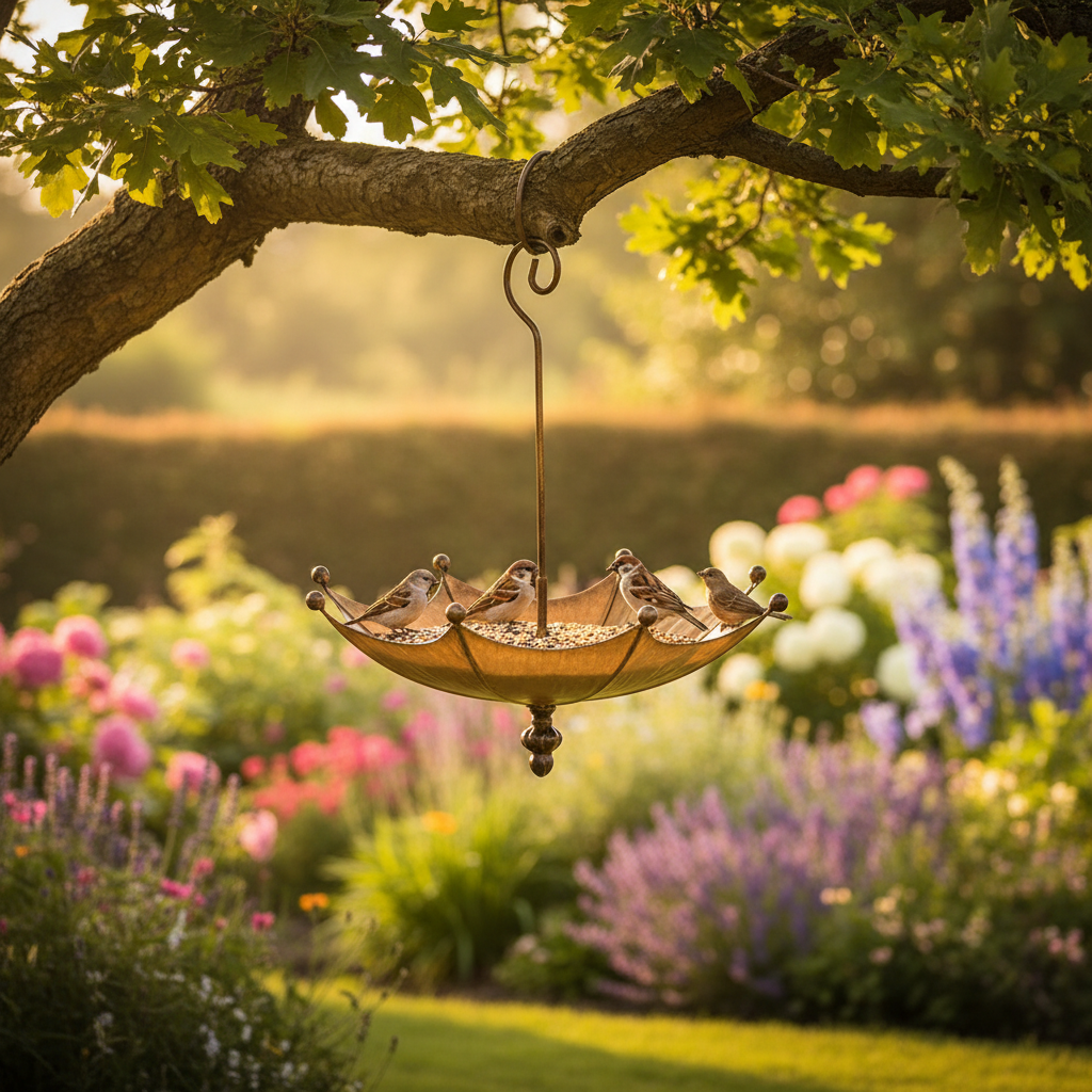Vogelfutterstation im Regenschirm-Design hängt am Gartenbaum mit Vögeln im blühenden Sommergarten