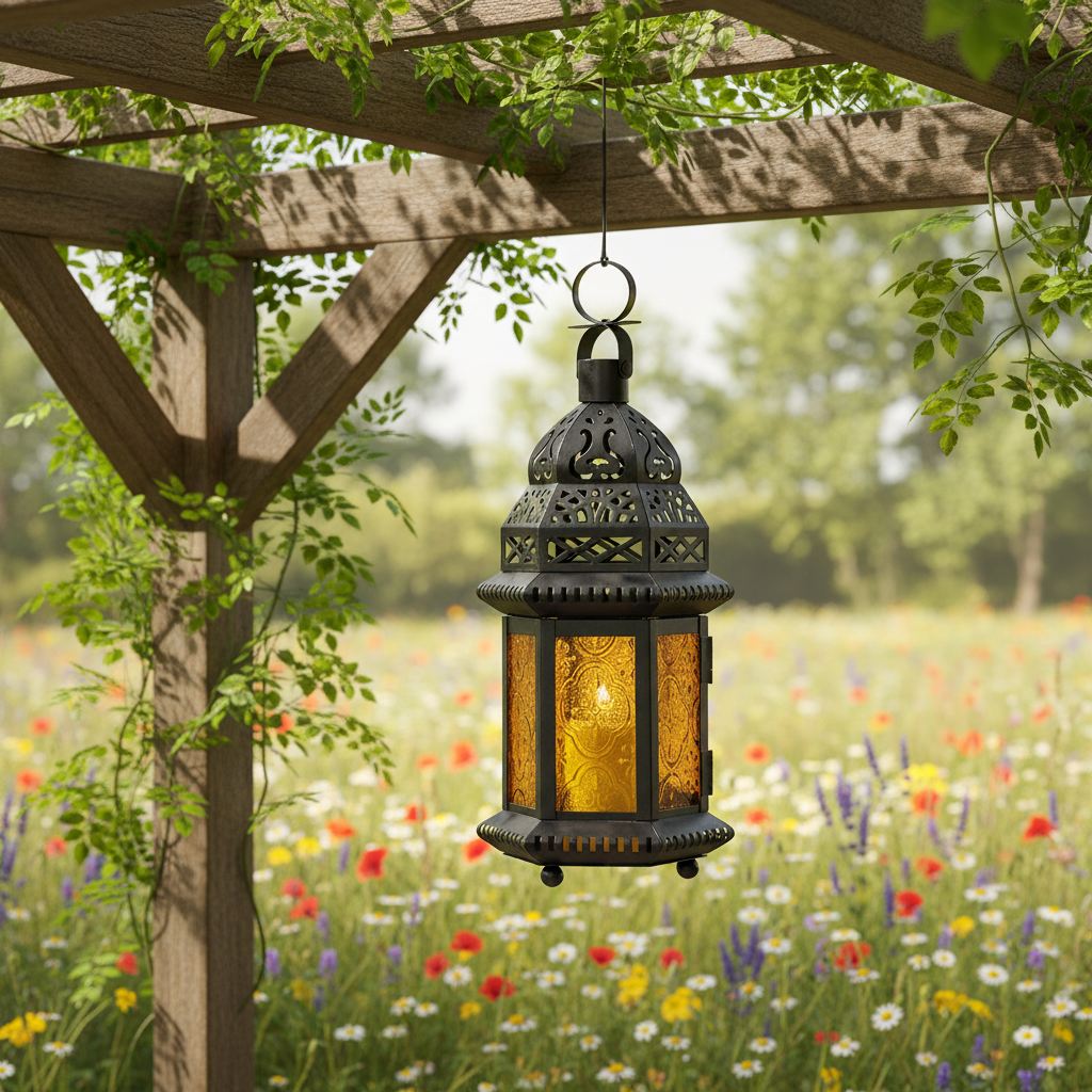 Schwarze Metall-Gartenlaterne Gelb mit orientalischem Ornament-Durchbruch, sonnige Akzente für Outdoor