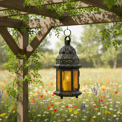 Schwarze Metall-Gartenlaterne Gelb mit orientalischem Ornament-Durchbruch, sonnige Akzente für Outdoor