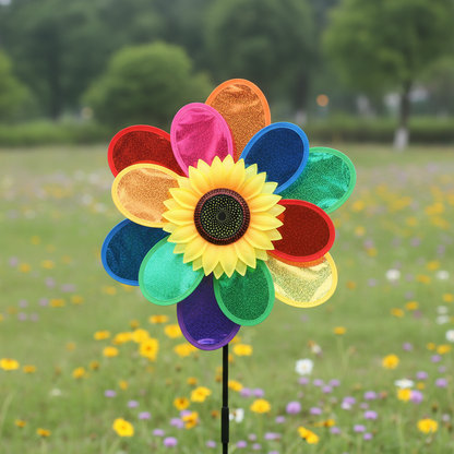 Windspiel Sonnenblume bunt – Pailletten Windrad für Balkon und Blumenbeet