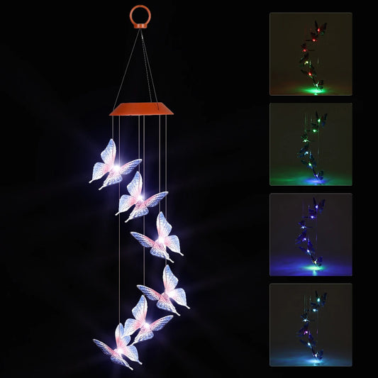 Solar Windspiel Schmetterling mit LED-Farbwechsel – beleuchtet im Abenddunkel