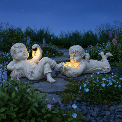 Solar Gartenfigur Junge und Mädchen liegend auf einem Steinweg, ihre Glühwürmchengläser leuchten am Abend