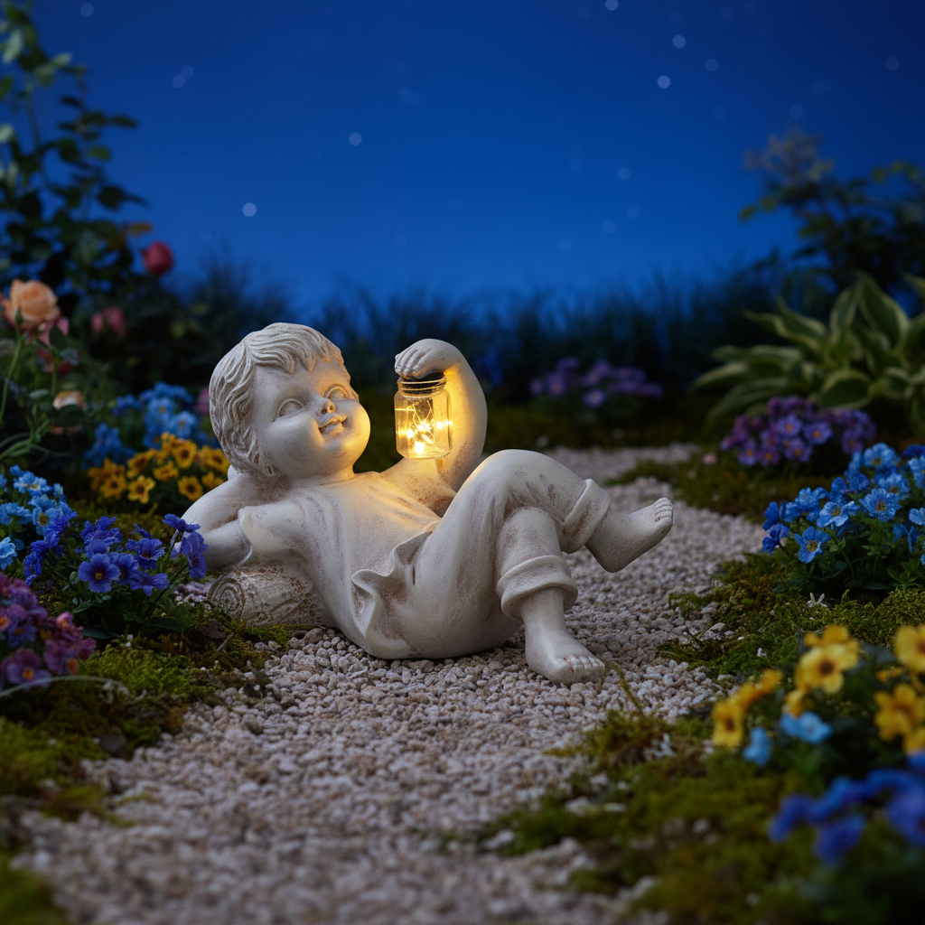 Solar Gartenfigur Kind – Grössen Junge 21cm / Mädchen 20,5cm, wetterfestes Kunstharz