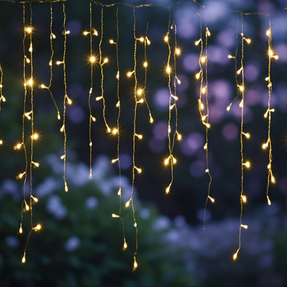 Eiszapfen Lichterkette LED warmweiss als Garten-Highlight am Sommerabend zwischen Pflanzen