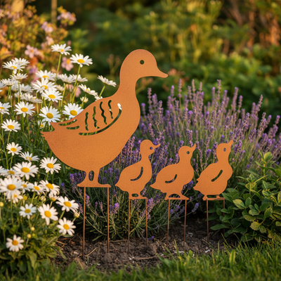 Enten-Familie Gartenstecker rostfarbig aus Eisen, Frontalansicht