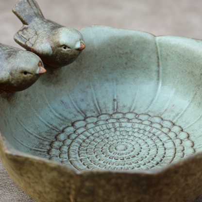 Nahaufnahme der glasierten Keramikschale mit Mandala-Spiralmuster und zwei Vogelfiguren am Rand