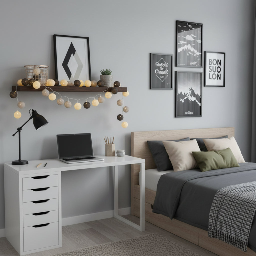 Beispiel der Verwendung der LED Baumwollkugel Lichterkette Batterie im Wohnzimmer, zeigt gemütliche und einladende Beleuchtung.