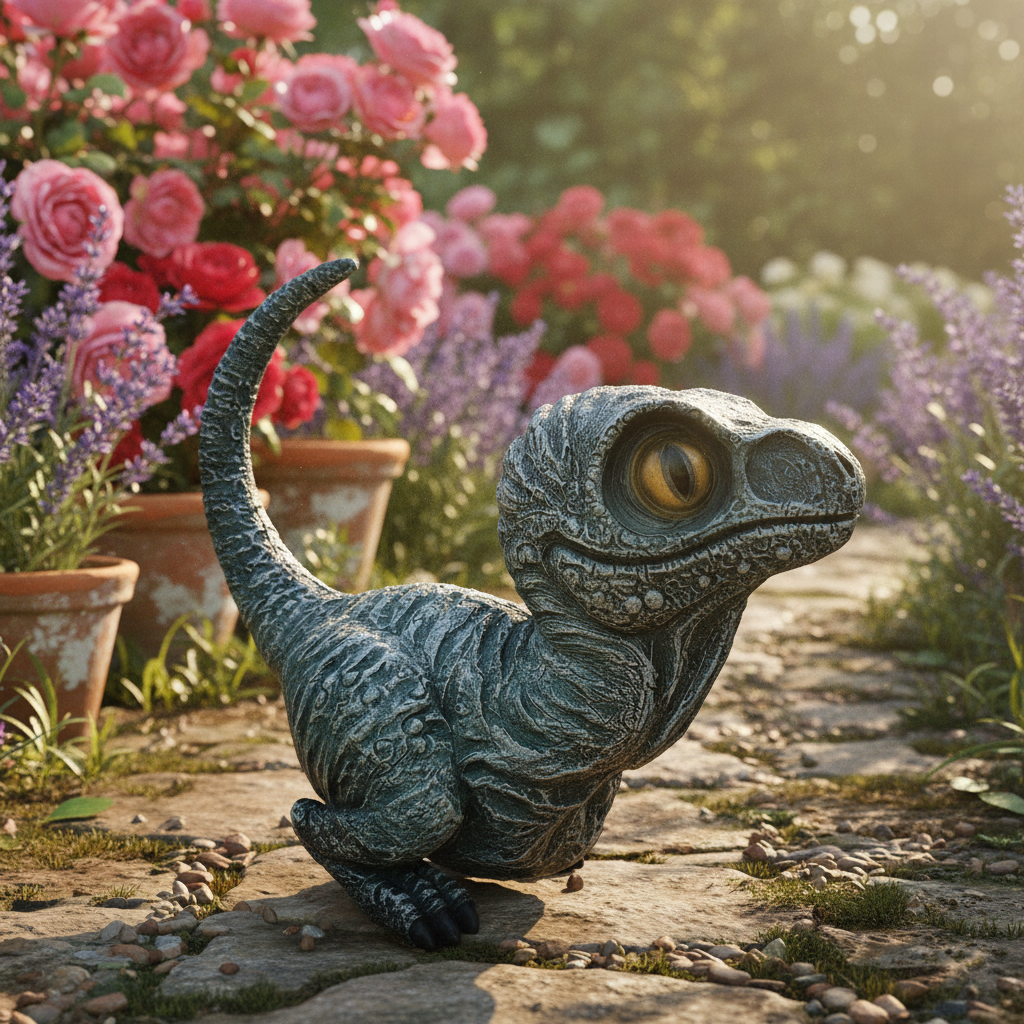 Dino Gartenfigur Velociraptor – Rückansicht wetterfeste Kunstharz Figur