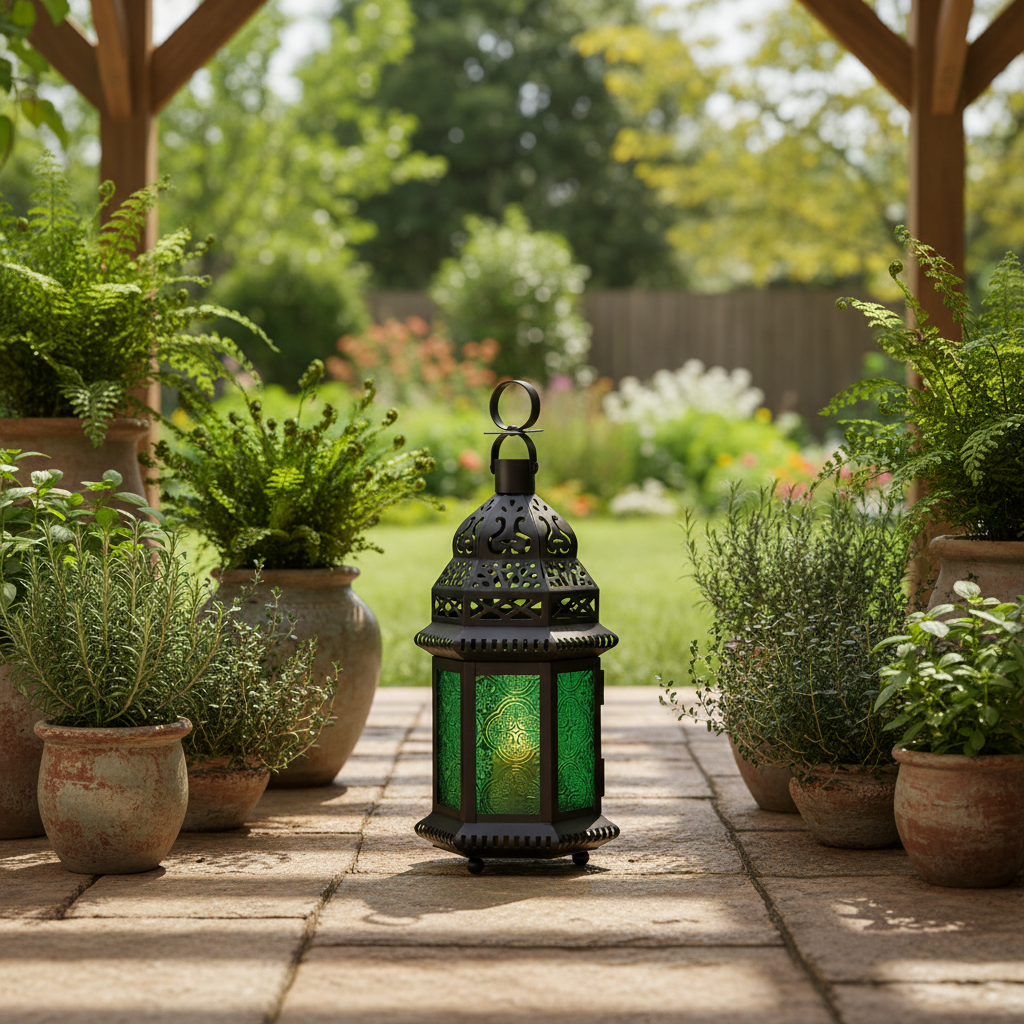 Schwarze Metall-Gartenlaterne mit grünem Glas im Marokko-Stil für Garten und Pflanzenakzent