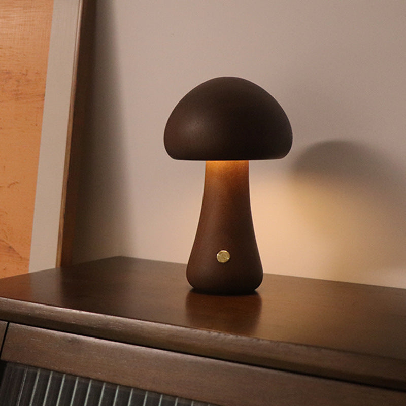 LED Pilzlampe Holz Schlank Nussbaum – Nachttischlampe Touch Nachtlicht Schlafzimmer