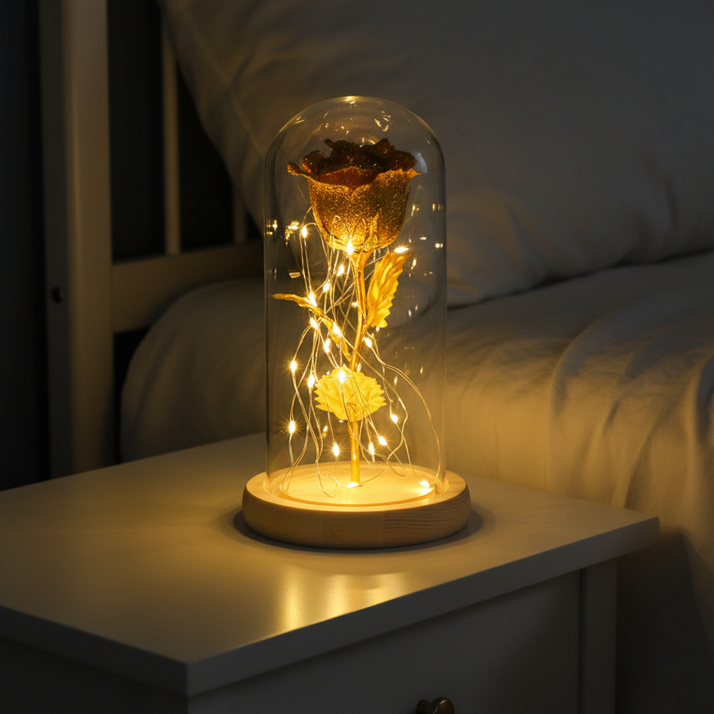 Glasglocke Rose Wohnzimmer Deko – stilvolles LED-Licht für romantisches Flair zuhause