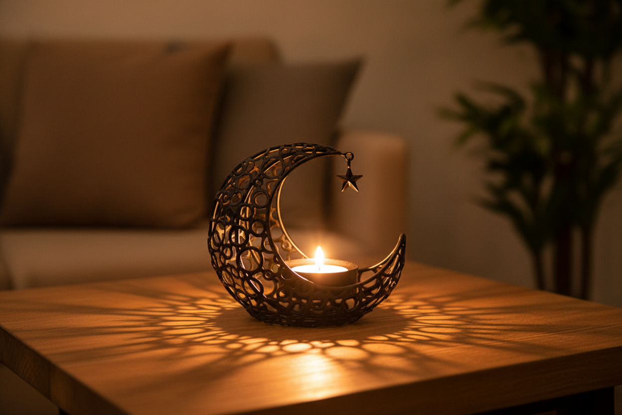 Detailaufnahme des Mond Teelichthalters mit Stern und ornamentalen Mustern.