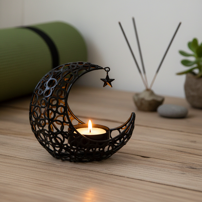 Schwarzer Mond Teelichthalter, modernes Design mit kunstvollem Muster für stilvolle Dekoration.