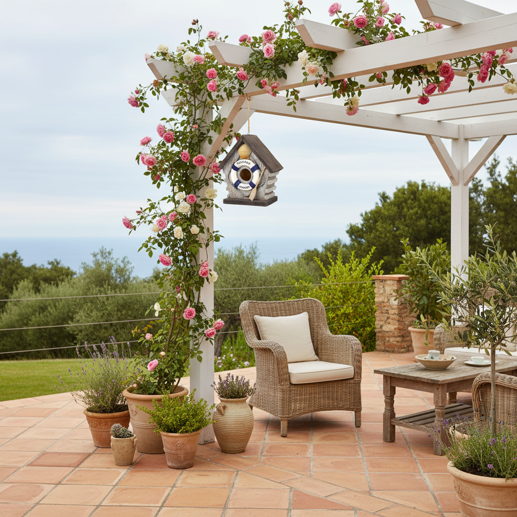 Vogelhaus hängt an weisser Pergola mit Kletterrosen auf mediterraner Terrasse mit Rattansessel
