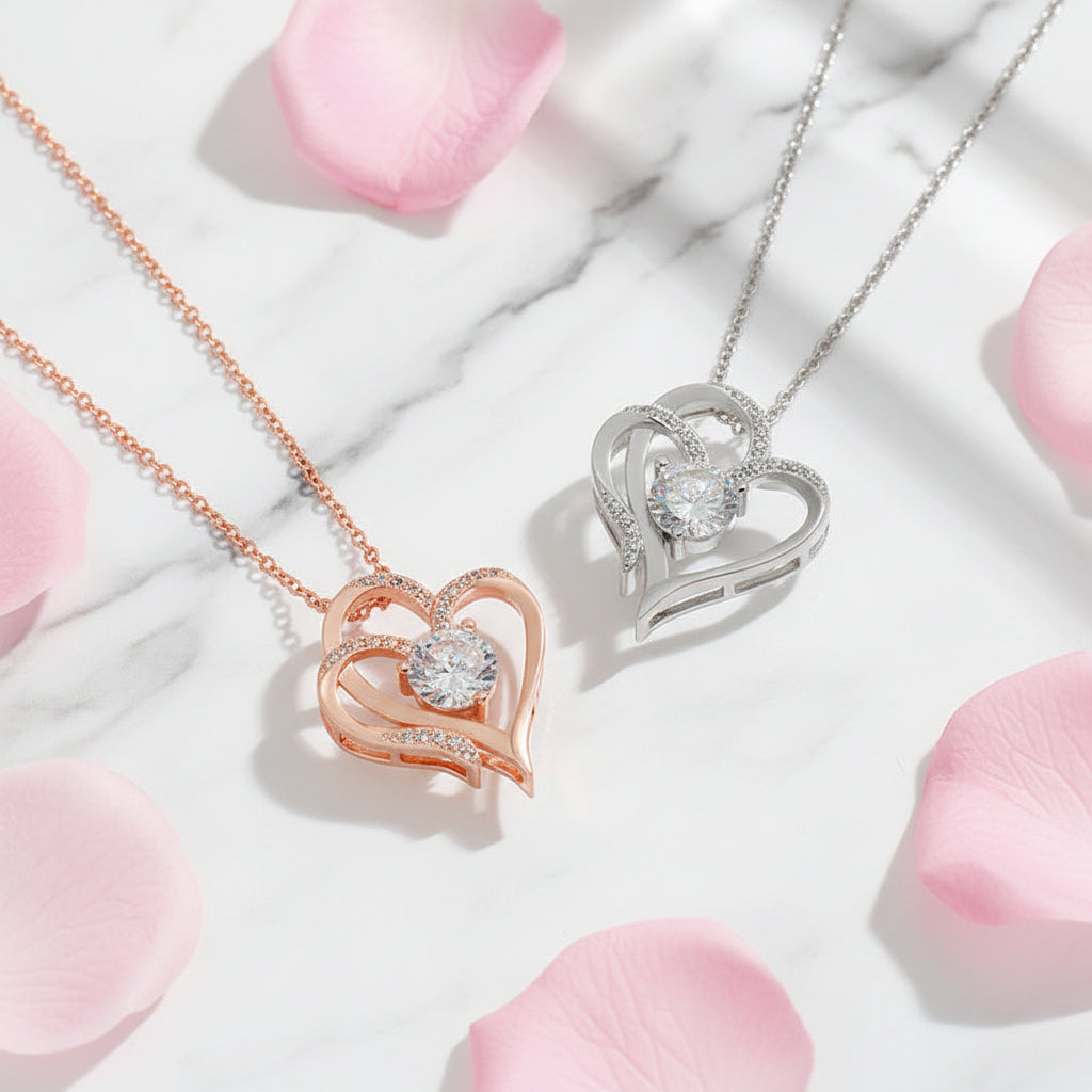 Elegante Doppel Herz Halskette mit funkelnden Zirkonia-Steinen - perfektes Muttertagsgeschenk