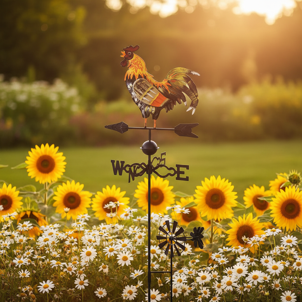 Windrad Metall Wetterfahne Bauernhof-Design als Gartenstecker zwischen Blumen und Stauden