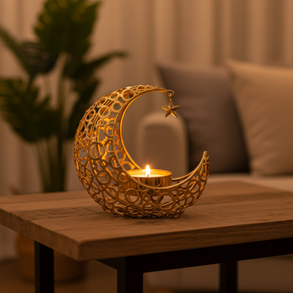 Dekorierter Nachttisch mit Mond Teelichthalter in Gold, Einklang von Licht und Design.