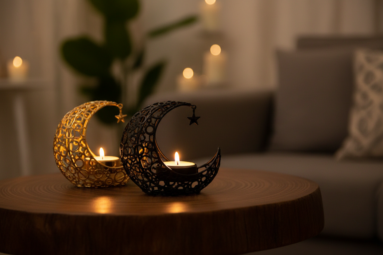 Mond Teelichthalter auf einem Tisch, verleiht jedem Raum eine zauberhafte Atmosphäre.