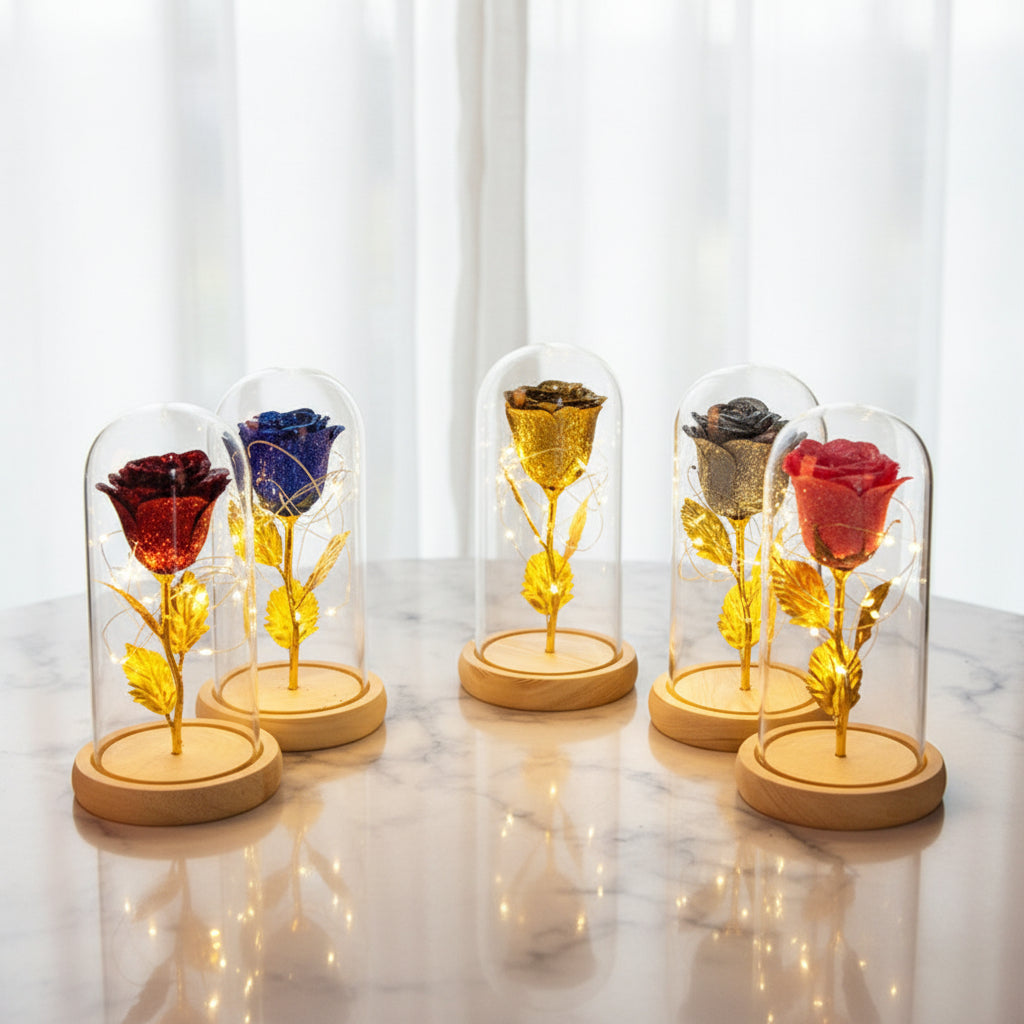 Ewige Rose Glasglocke LED Licht – konservierte Echtrose mit warmem Schein auf Holzsockel