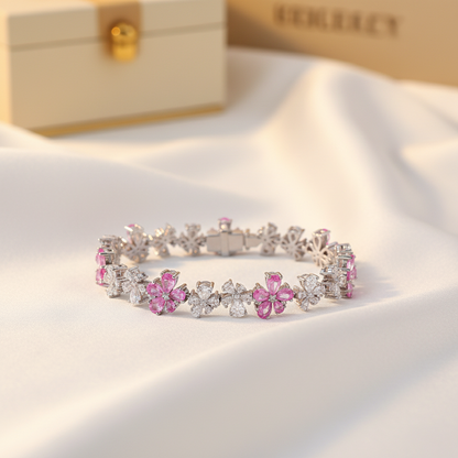 Detailansicht vom Kirschblüten Armband Zirkonia, das die harmonische Farbkombination von Rosa und Silber in einer eleganten Ausführung zeigt.