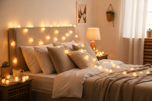 Lange Kristall Lichterkette LED am Balkon installiert, ideal für Überdachte Aussenbereiche.