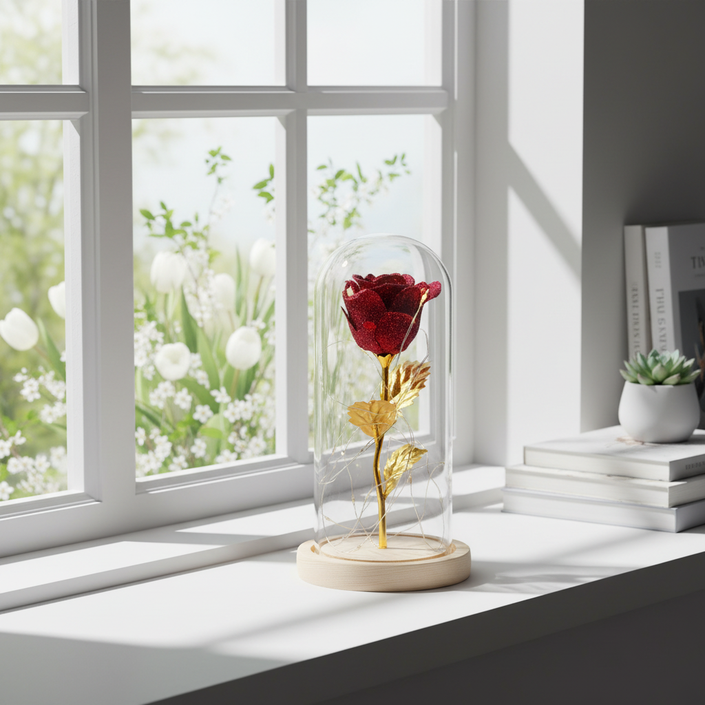 Glasglocke LED Nachtlicht Rose – warme Beleuchtung schafft romantische Tischdekoration