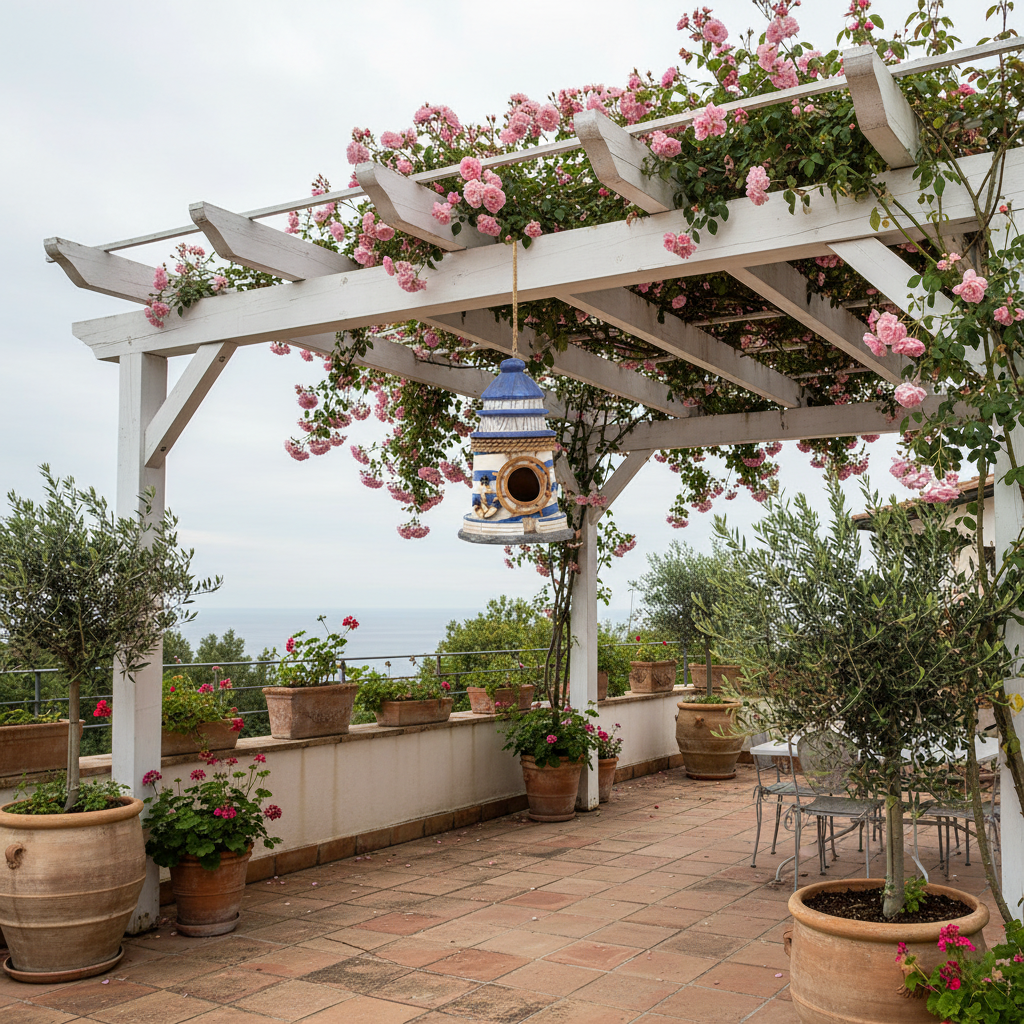 Leuchtturm-Vogelhaus hängt an Pergola mit rosa Kletterrosen und Meerblick auf Terrasse