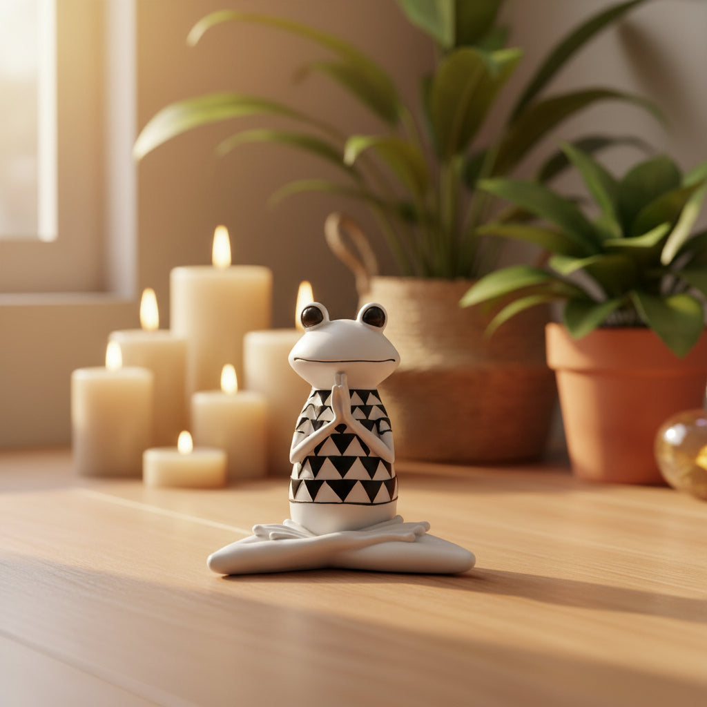 Schwarz-weisse Rautenoptik der Yoga Frosch Figur, ein zeitloses Dekorationsstück, 21.5 cm groß.