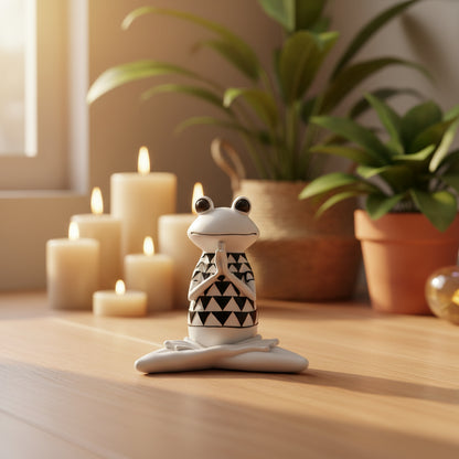 Schwarz-weisse Rautenoptik der Yoga Frosch Figur, ein zeitloses Dekorationsstück, 21.5 cm groß.
