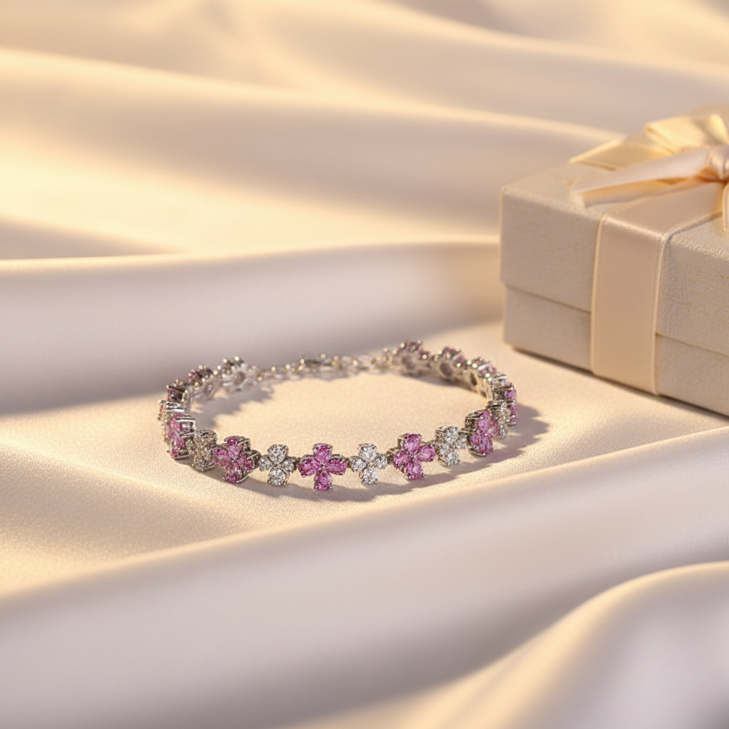 Schönes Kirschblüten Armband Zirkonia in floralem Design, das für feminine Eleganz steht und an jedem Handgelenk passt.