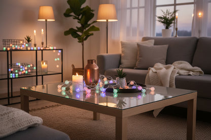 Entspanntes Schlafzimmer-Setting mit Kristall Lichterkette LED für romantische Stimmung.