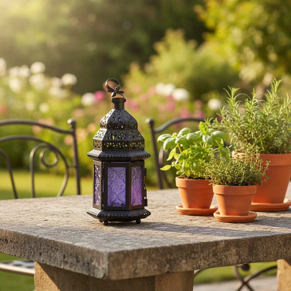 Schwarze Metall-Gartenlaterne mit lila Glas und orientalischem Muster für Garten und Pergola