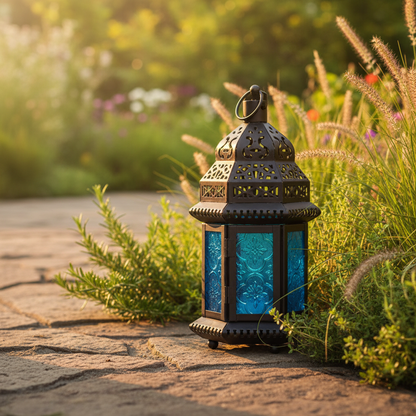 Schwarze Metall-Gartenlaterne Blau mit orientalischem Ornament-Durchbruch, hängend für Outdoor