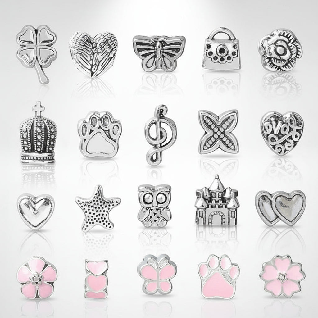 Farbvielfalt des Charm-Armband Sets für Mädchen, zeigt die verschiedenen Kombinationen der 24 Perlen und Anhänger für kreatives Gestalten.