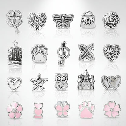 Farbvielfalt des Charm-Armband Sets für Mädchen, zeigt die verschiedenen Kombinationen der 24 Perlen und Anhänger für kreatives Gestalten.