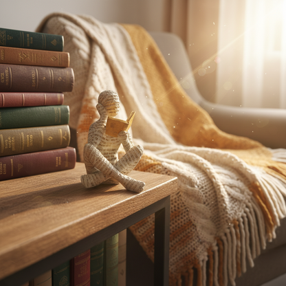 Detailansicht der Lesende Frau Skulptur, die das Buchseiten Design zeigt, ideal für Buchliebhaber als Dekoration.