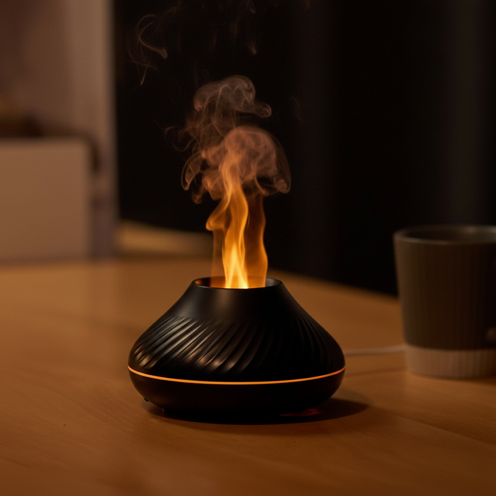 3D Flammen Aroma Diffuser RGB in einem romantisch beleuchteten Setting für eine luxuriöse Atmosphäre.