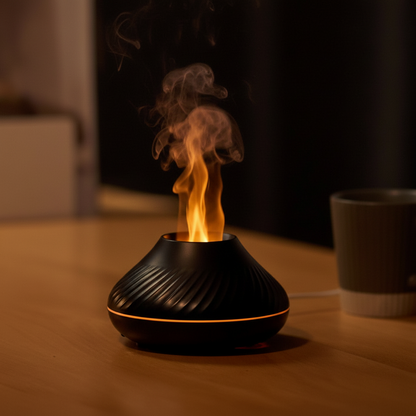 3D Flammen Aroma Diffuser RGB in einem romantisch beleuchteten Setting für eine luxuriöse Atmosphäre.