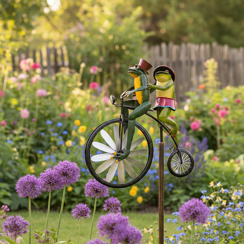 Gartenstecker Frösche Hochrad – Metall Windspiel zwischen Zierlauch im Blumenbeet