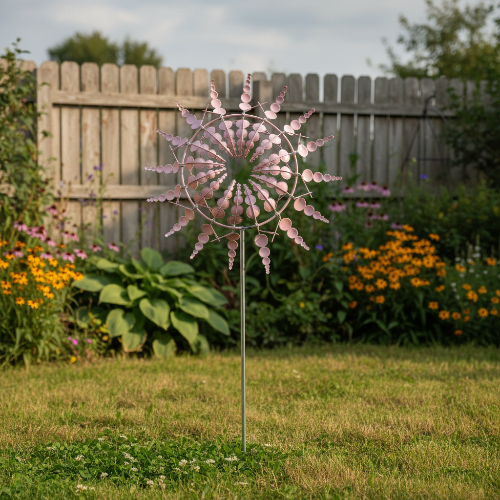 Windrad Garten pink – Metall Windspiel rosa auf Erdstab im grünen Garten