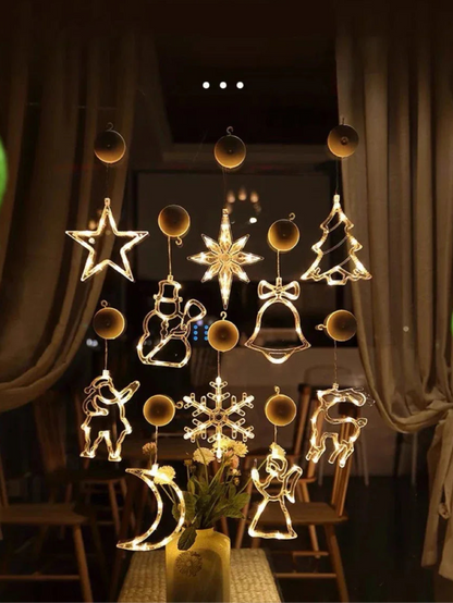 Warmweisse LED Fensterlichter mit Stern, Glocke, Engel und Weihnachtsbaum