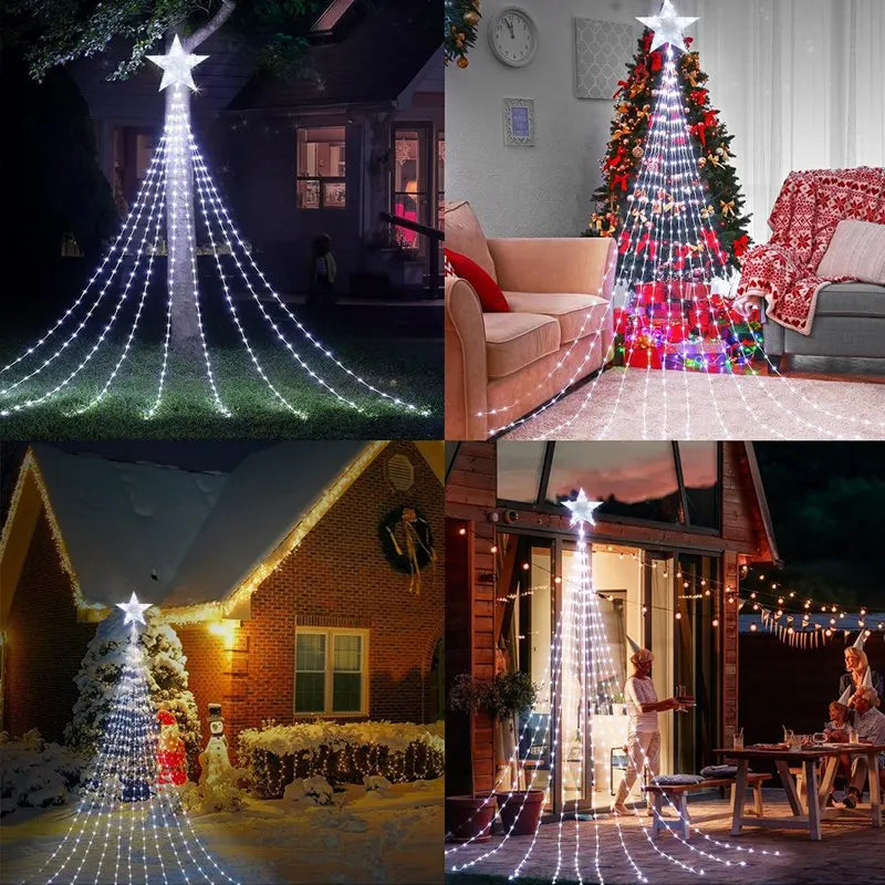 Wasserfall Lichterkette mit Stern an Bäumen drinnen und im Garten – vier Beispiele